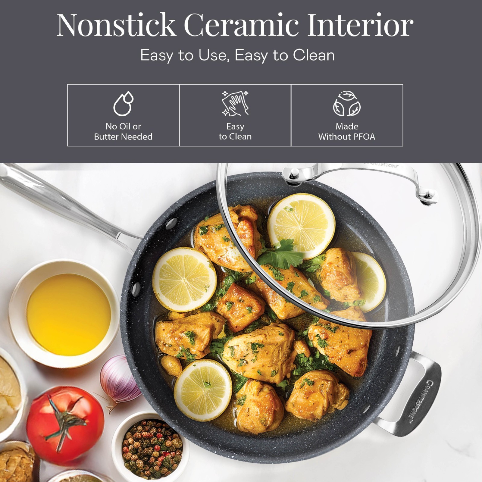 Granitestone Ceraluxe 14” Ceramic Nonstick Skillet with Lid and Helper Handle