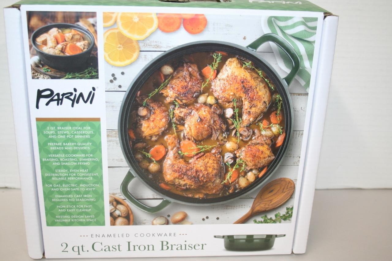 Commercial-grade 2qt Enameled Cast Iron Braiser Non Stick Oven Safe Green BNIB