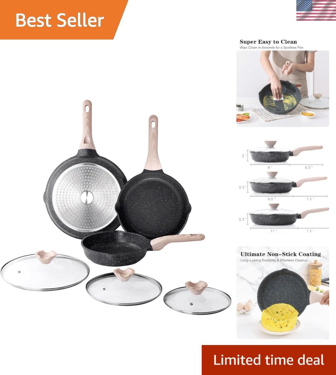 Stay-Cool Nonstick Pan Set with Lids: Healthy Cooking, Collected 8, 9.5, 11 Inch
