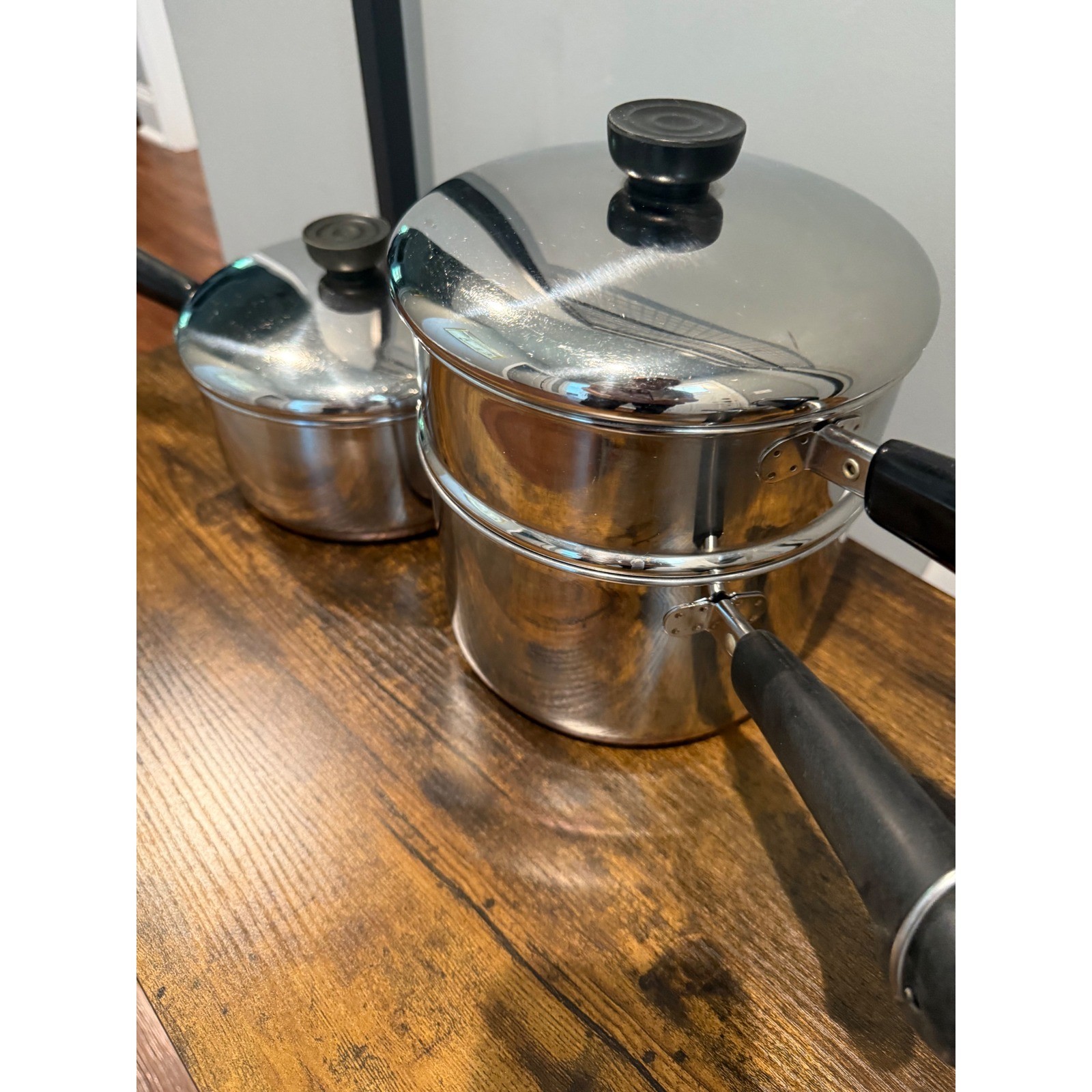Revere Ware Copper Bottom 2Qt 3Qt Saucepan Set with Steamer Insert 5pc USA