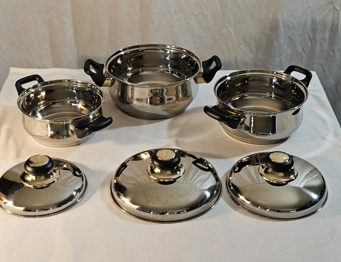 Vtg Cook Well High-quality Stainless Steel Pots & Pans W/Gold Plating -Set Of 11