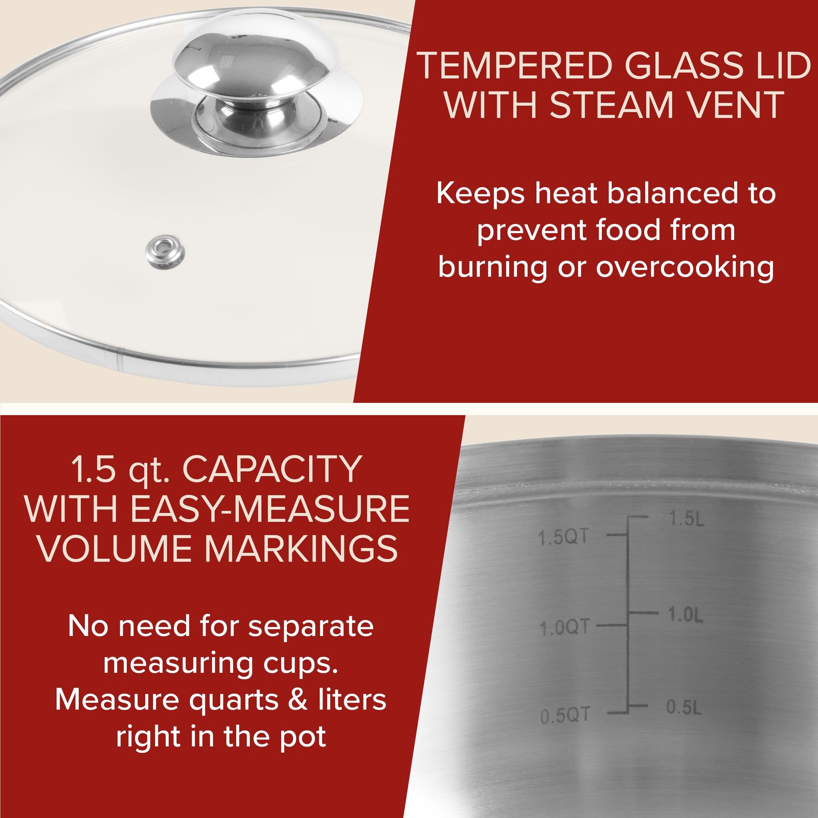 6 Cup Double Boiler Pot Set 1.5 Quart Stainless-Steel Saucepan 2-In-1 Vented