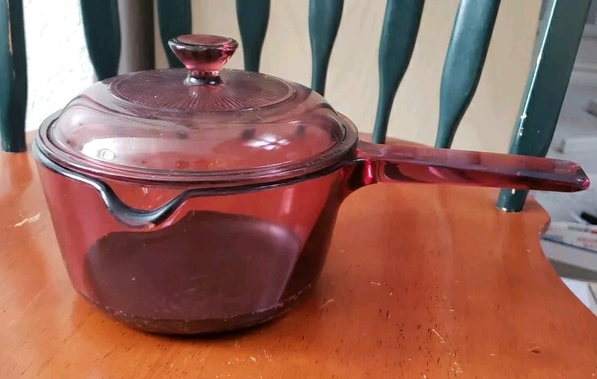 CORNING Cranberry Glass VISIONS Cookware – 1 L Saucepan Pour Spout & Pyrex Cover