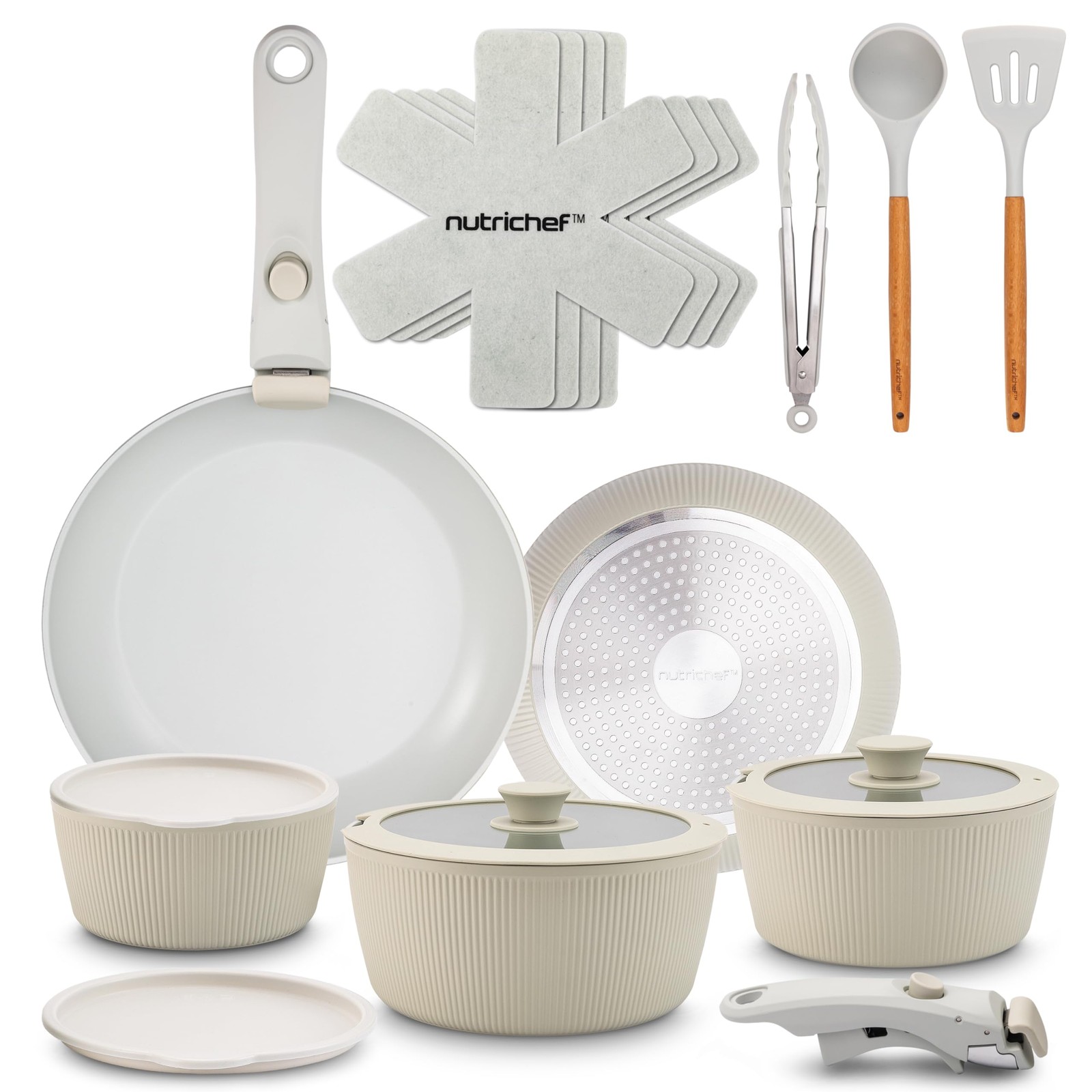 NutriChef 18-Piece Ceramic Cookware Set with Detachable Handles – Green