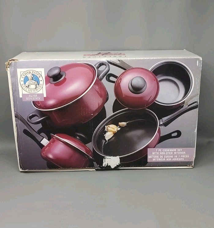 Vtg Tabletops Unlimited 7 PC Non-stick Cookware Set Maroon TU-109 New Open Box