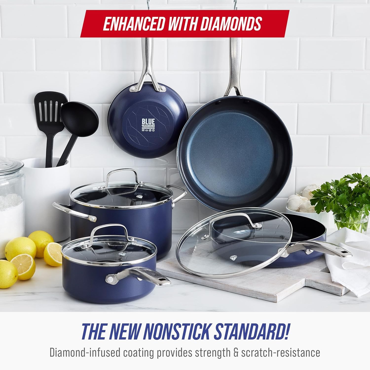 Blue Diamond 10 Piece Nonstick Cookware Set, Diamond Ceramic Pots & Pans, Dishwa