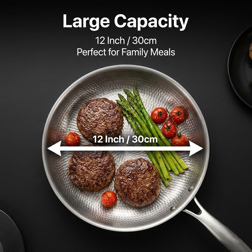 Titanium Frying Pan with Lid, 11.8″ Uncoated Hammered Skillet for Cooking, PFAS/