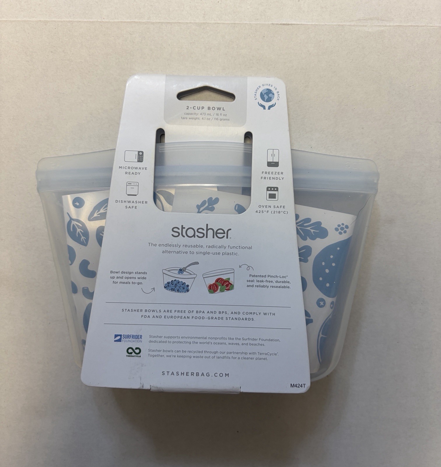 Stasher 2-Cup Reusable Silicone Bowl Food Storage Bag 16 oz Blue White
