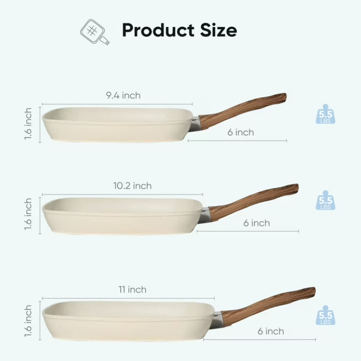 3 Piece Nonstick Grill Pans, Square Frying Pans Set with Stay Cool Handle ,