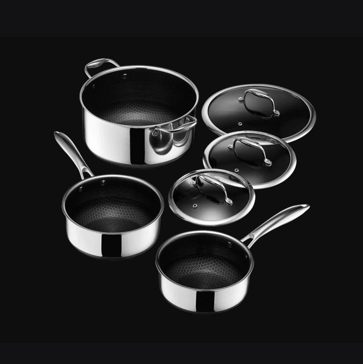 New HexClad Hybrid Nonstick 6 Piece Sauce Pan Pot Cookware Set 2qt 3qt 8qt Lids
