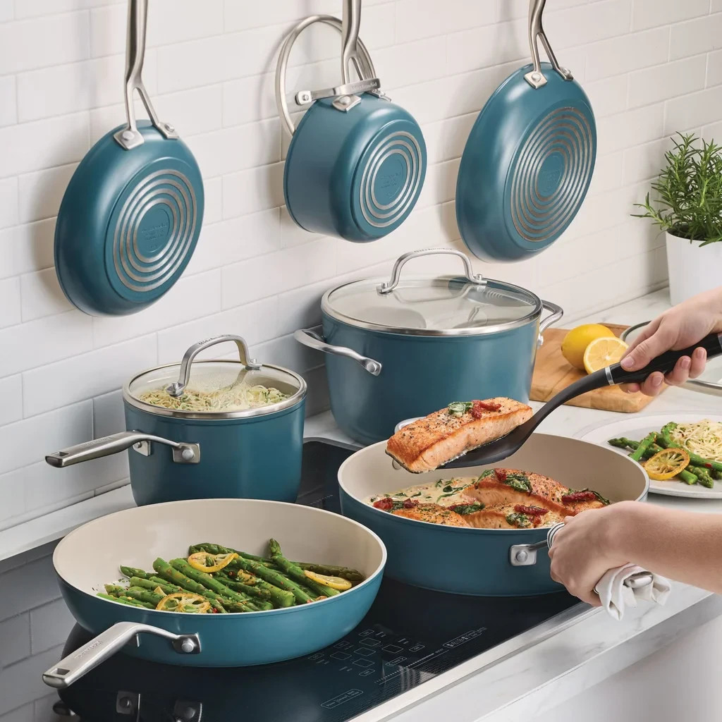 KITCHENAID POT AND PANS CERAMIC COOKWARE SET NON STICK INDUCTION COOKING 11 PC ~