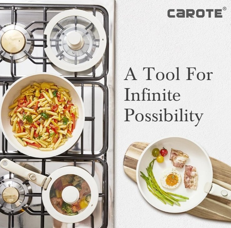 CAROTE 5-Pc. Nonstick Cookware Set ~ Detachable Handle ~ Granite Pot & Pan Set
