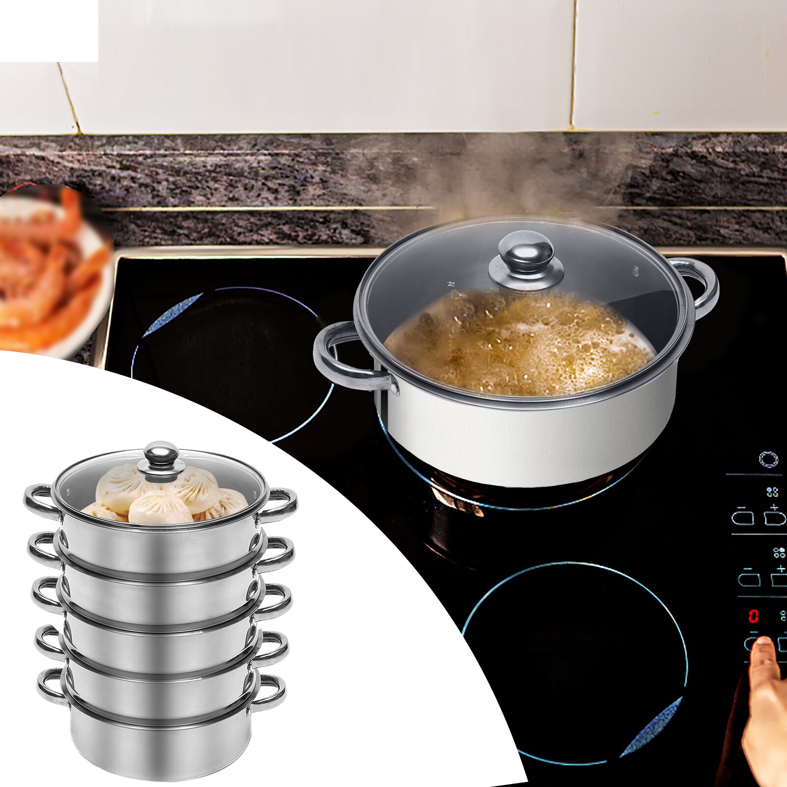5-Tier Dumpling Steamer Stainless Steel Steamer Pot With Lid Steaming Basket