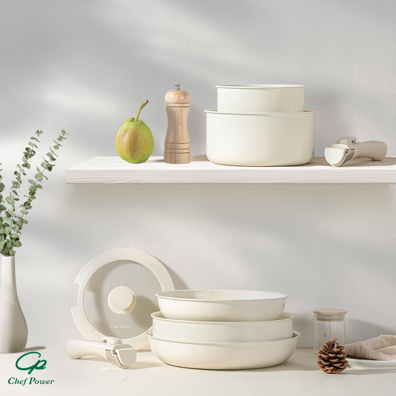 Ceramic Cookware Set Non Toxic with Detachable Handles, Healthy Nonstick Pans an