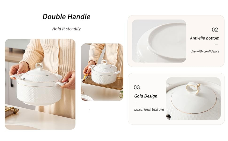 White Soup Tureen with Gold Design,Double Handle Soup Serving Bowl with Lid and