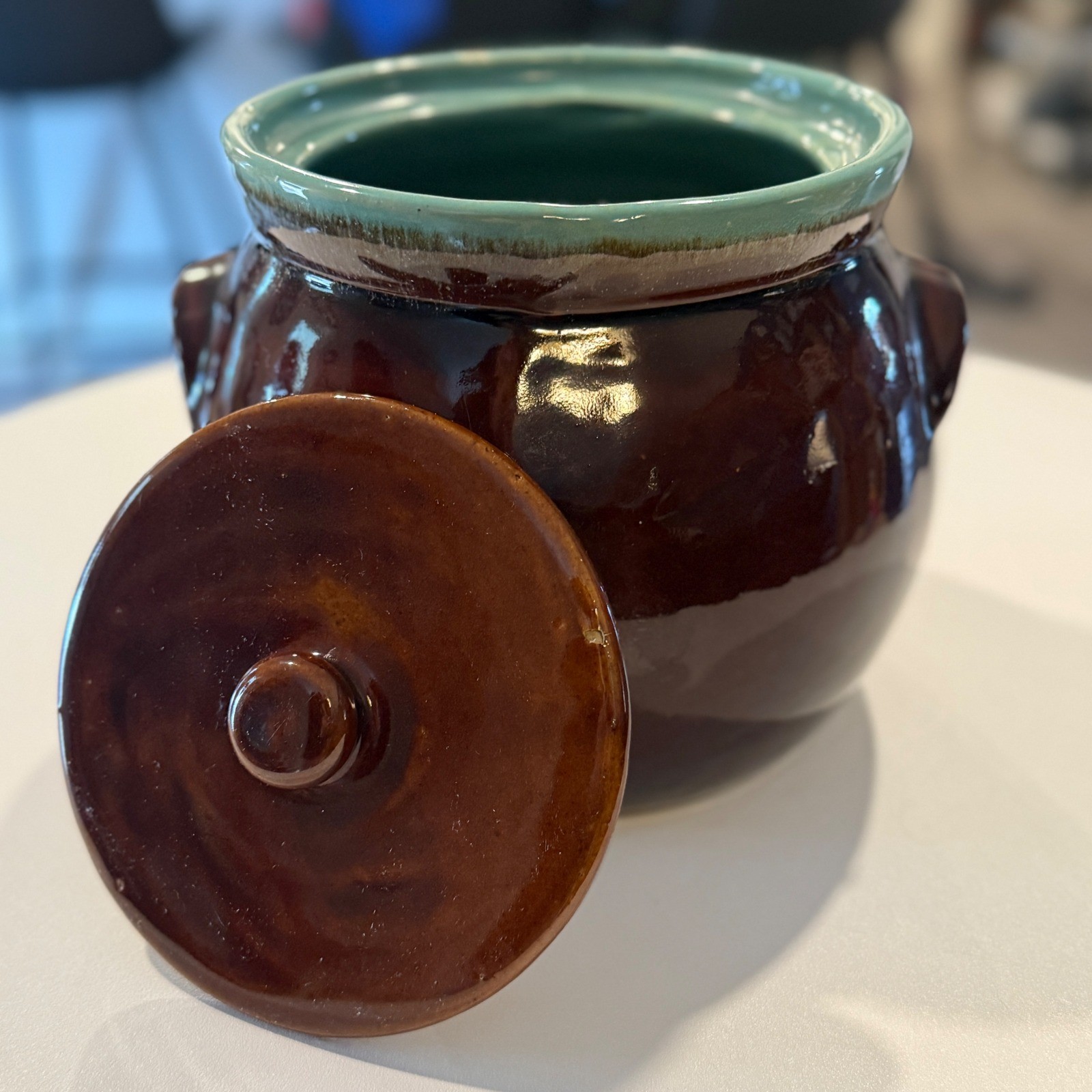 Vintage Ceramic Crock Bean Pot Jar Brown Turquoise Lid Hull Pottery ****Lid****