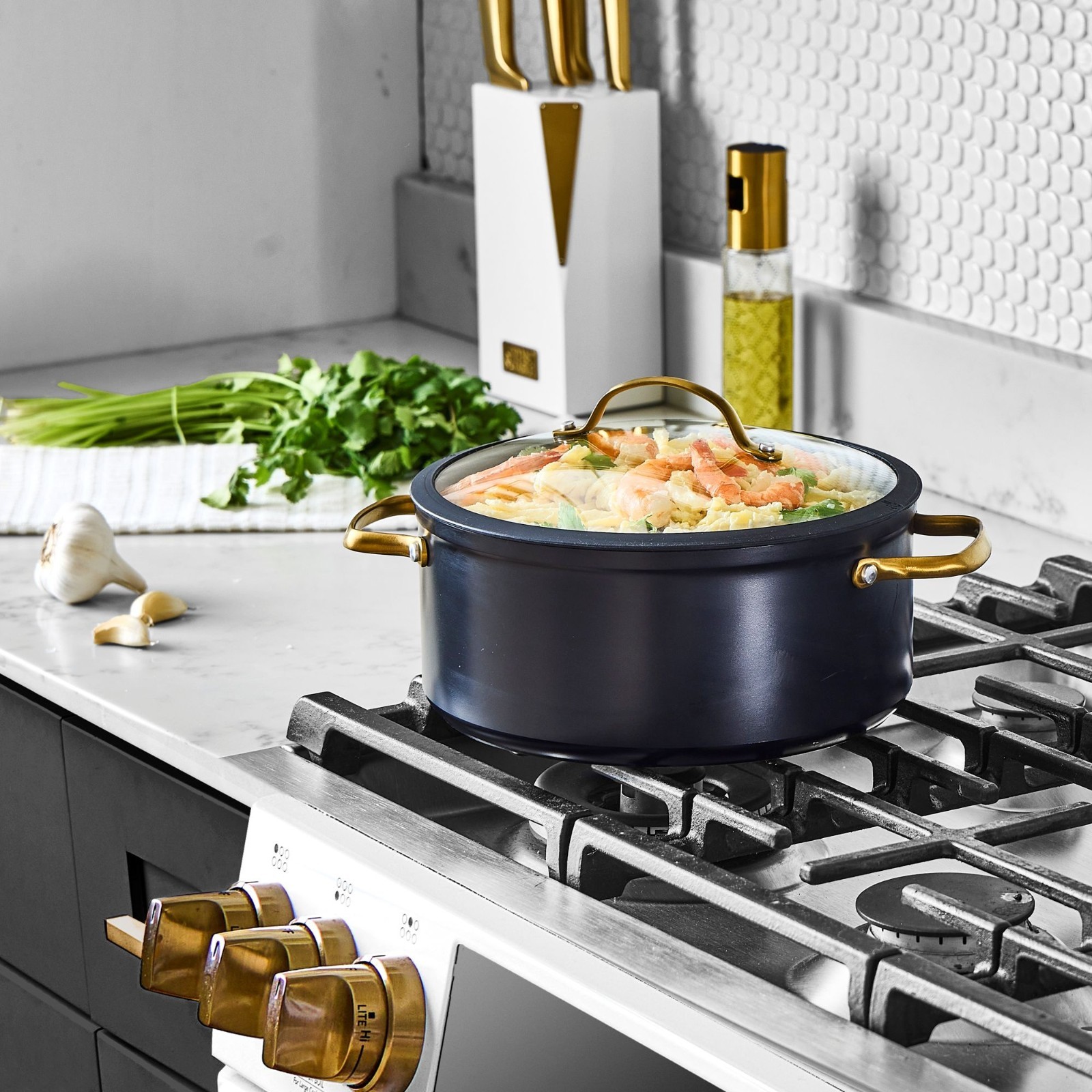 Thyme & Table 5 Qt Non-Stick Stock Pot with Glass Lid in Black & Gold, Signature