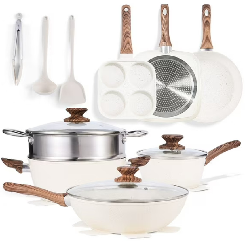 Gianna 17 Pcs Non-Stick Pots and Pans, Non-toxic Kitchen Cooking Set with Stay-C