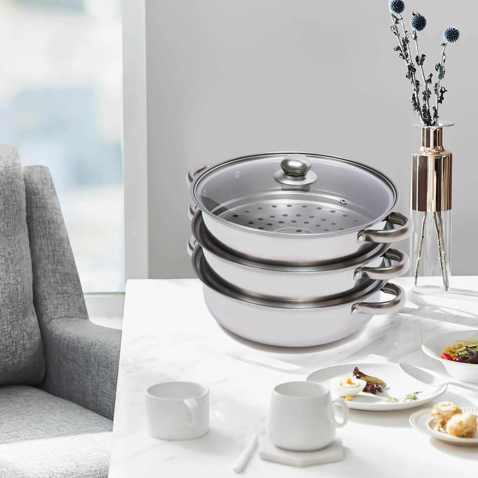 3 Tier Steamer Hot Pot Stainless Steel Cooker Steam Pot Food Cooking + Glass Lid
