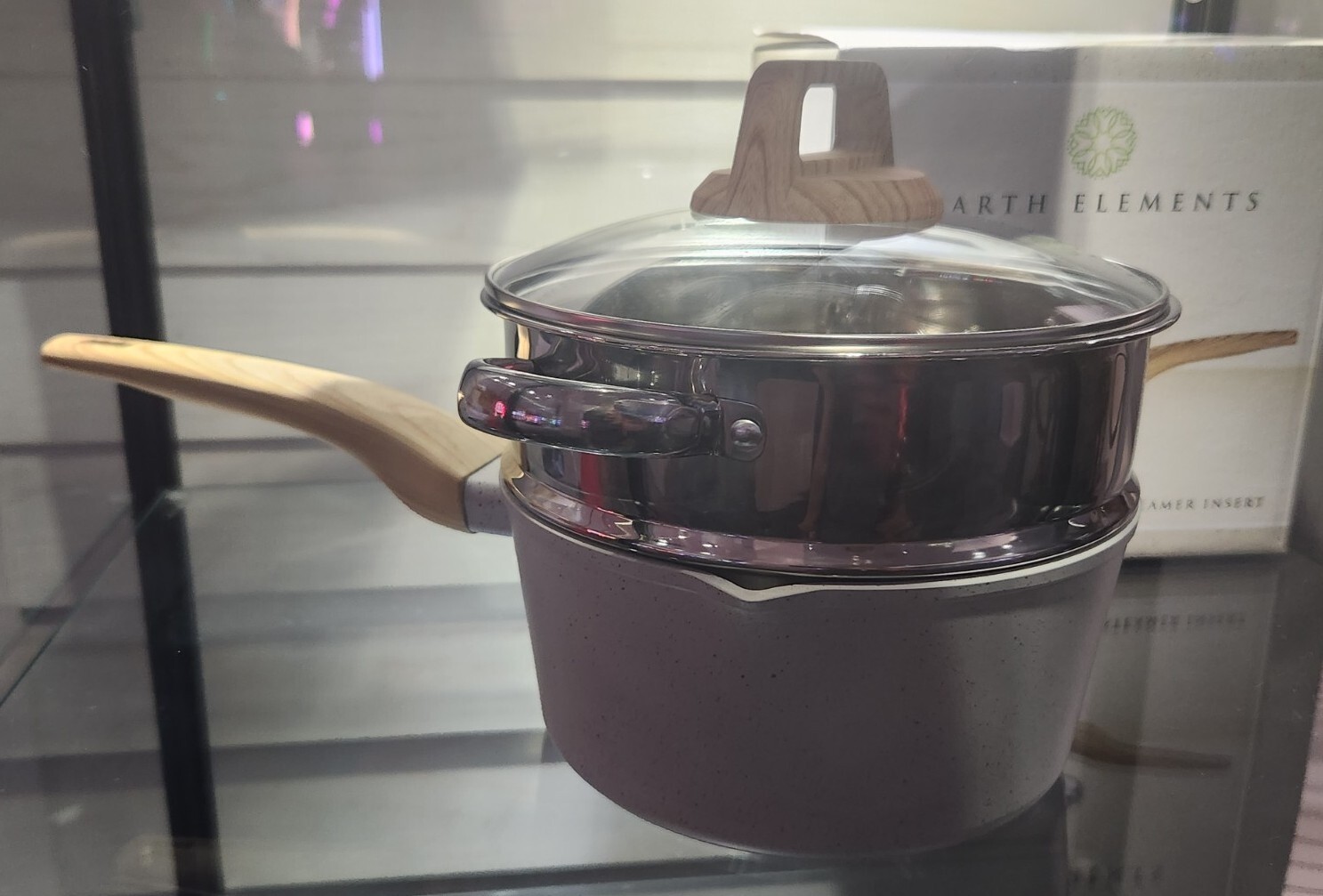 Earth Elements 2.5 Quart Sauce Pot w/ Steamer Insert Cream, Gray Speckle EE20S01