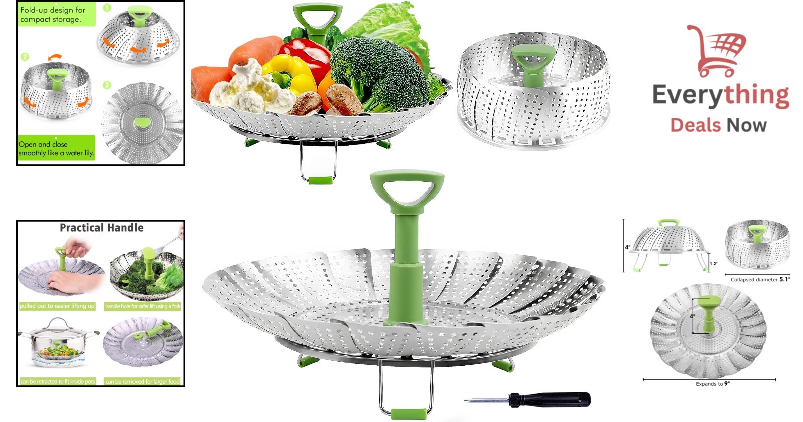 Stainless Steel Vegetable Steamer Basket Expandable Foldable Food Steam Insert