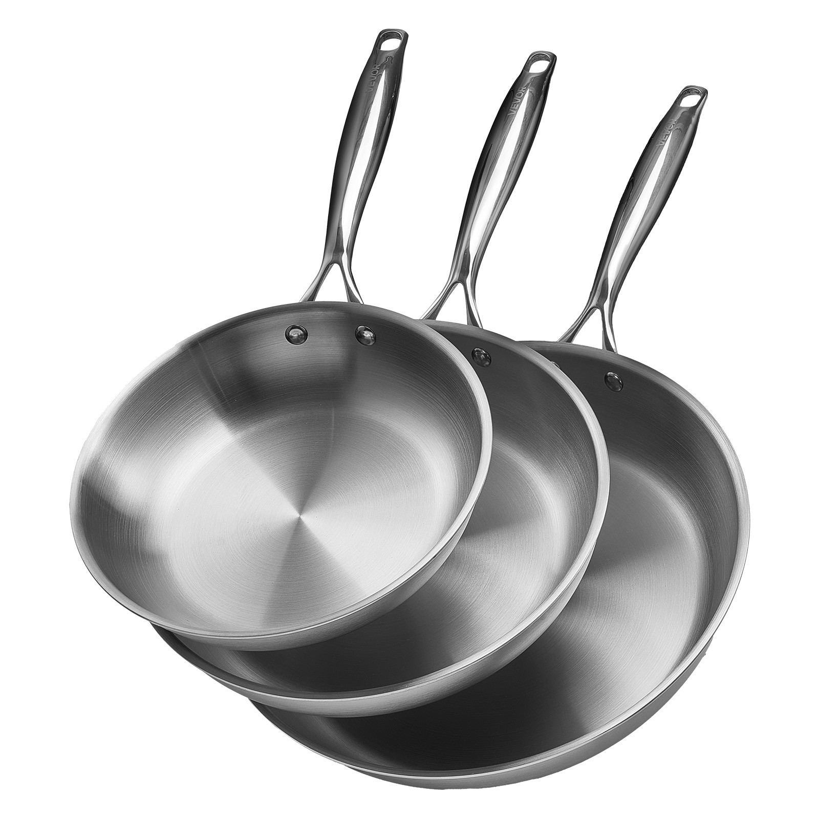 VEVOR Triply Stainless Steel Frying Pan 3 Pcs Skillet 8 10 12″ Dishwasher Silver