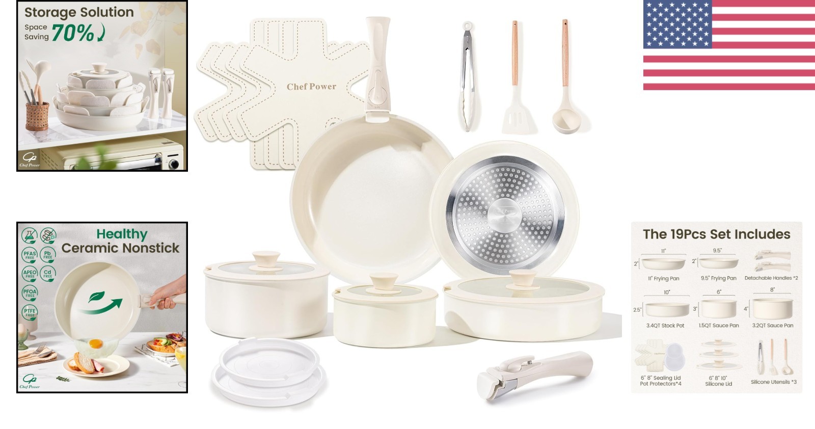 Healthy Nonstick Cookware Set 19 Pcs Induction Dishwasher Oven Safe Kitchen Set
