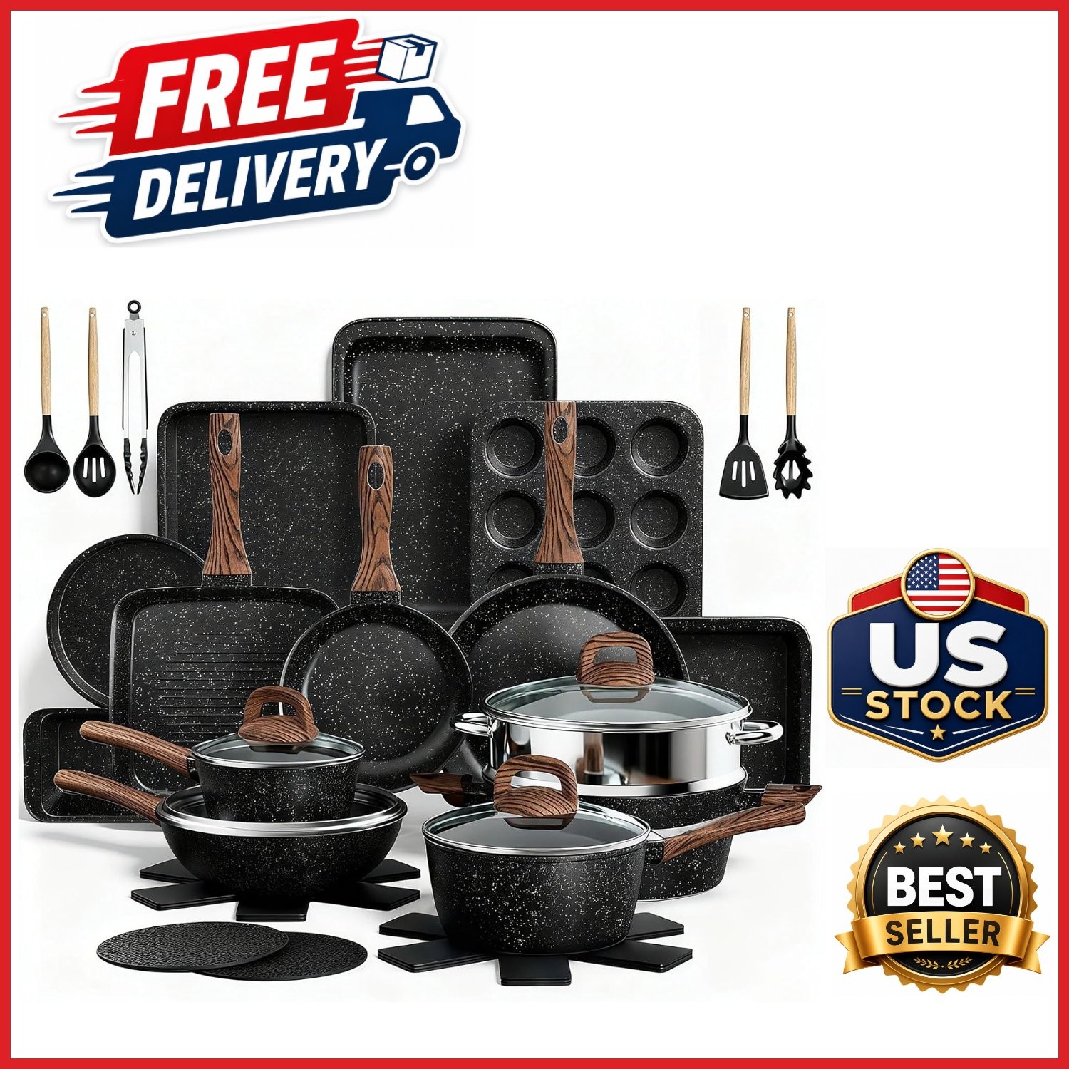 Induction Cookware Set 31 Piece Nonstick Kitchen Pans & Bakeware with Utensils