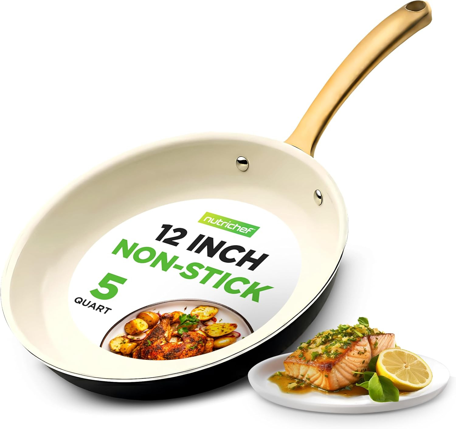 12-Inch Professional Ceramic Frying Pan – Large Skillet with Golden Titanium Han