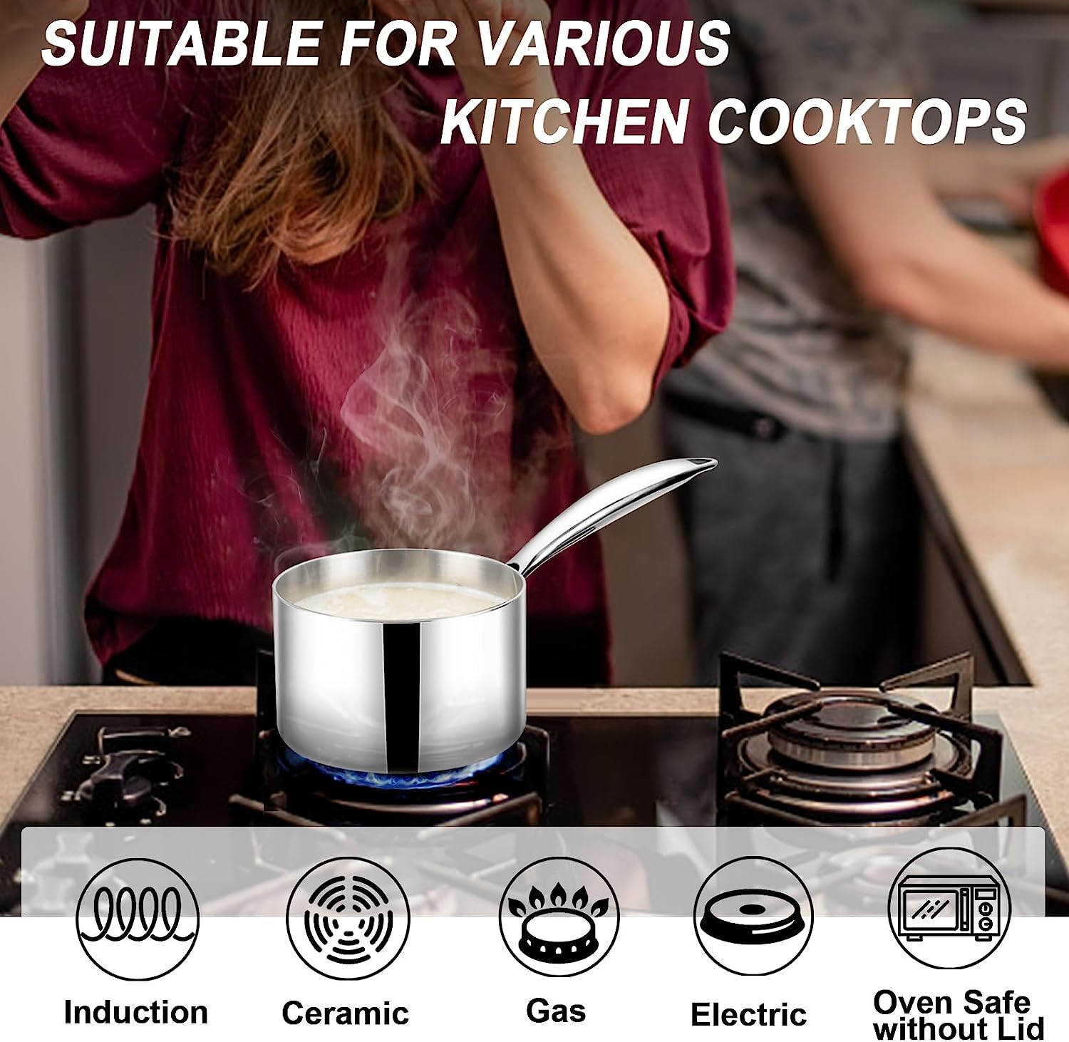 1Qt & 2 Qt Saucepan with Lid, Stainless Steel Tri-Ply Small Cooking Pot Milk Pas
