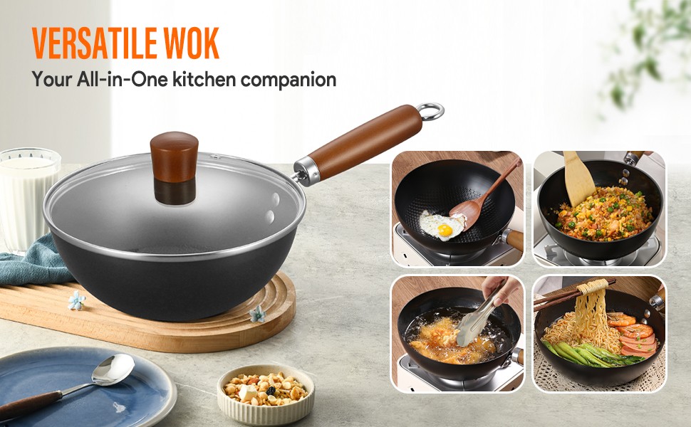 Carbon Steel Wok Pan, 9.5″ Authentic Chinese Stir-Fry Pans Set with Glass