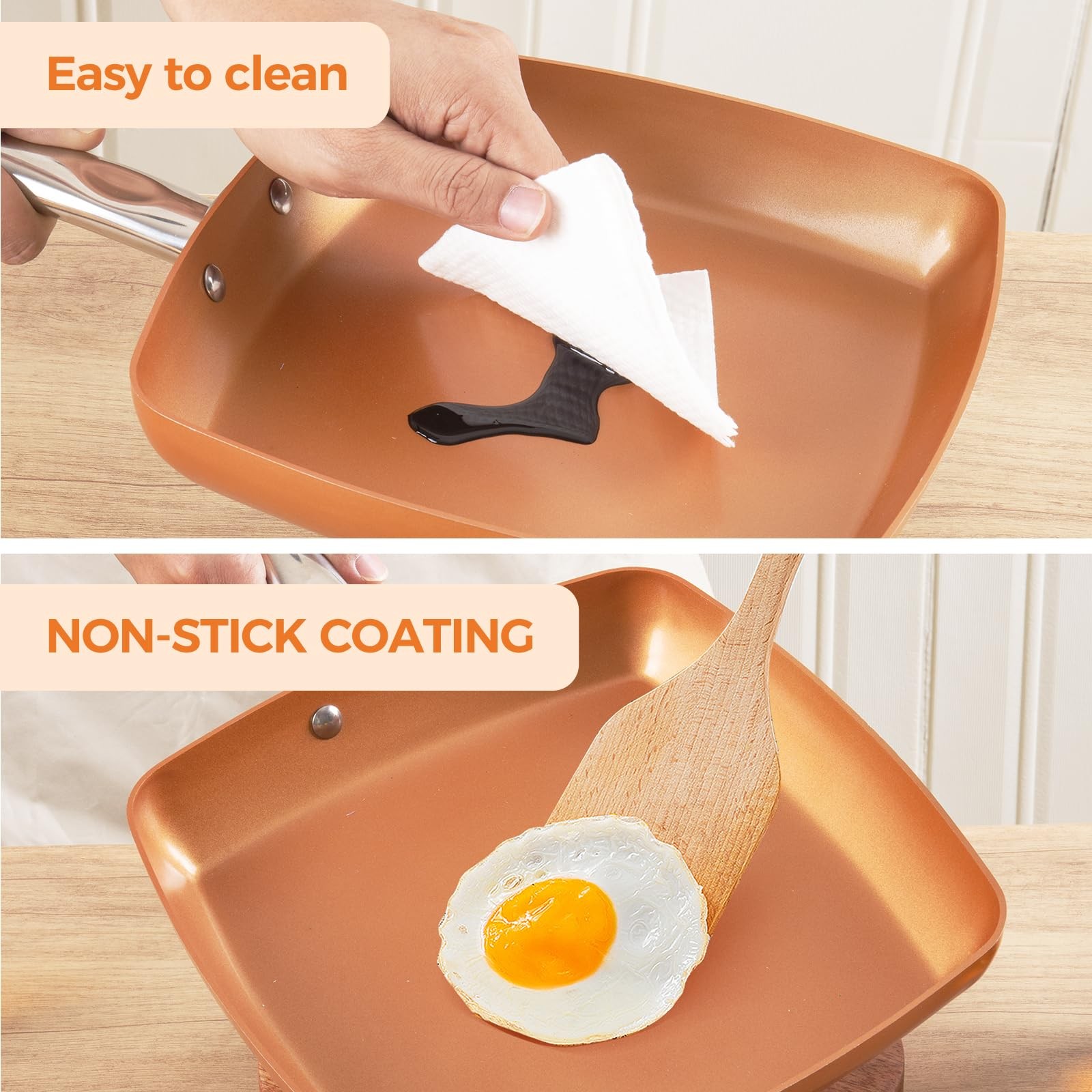 Toutrop Non-Stick Copper Square Frying Pan, 9.5″ Chef Skillet with Ceramic Co…