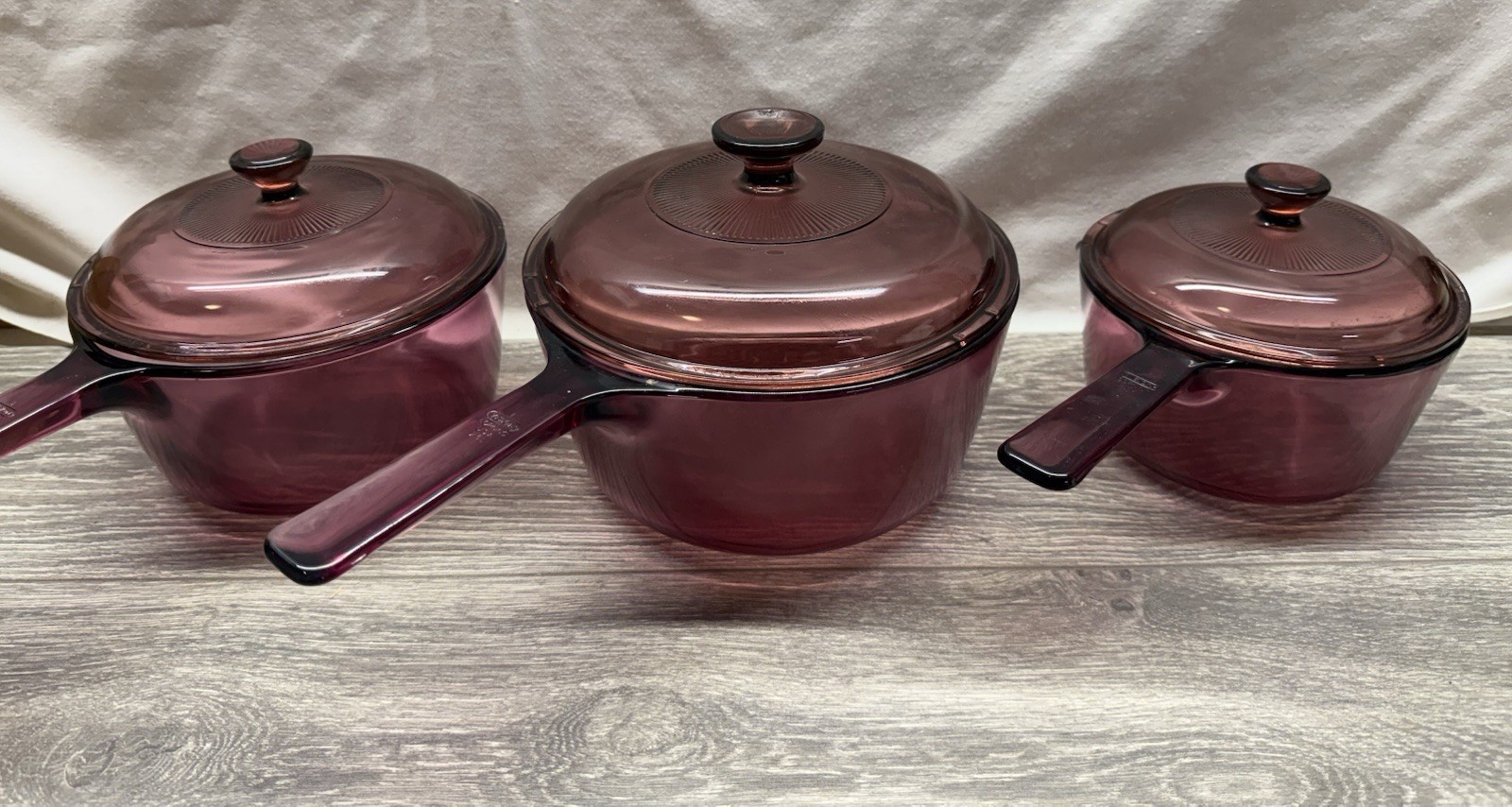 Visions Corning Ware Set of 3 Cranberry Glass Sauce Pan ~Pot w/ Lid 1L/1.5L/2.5L