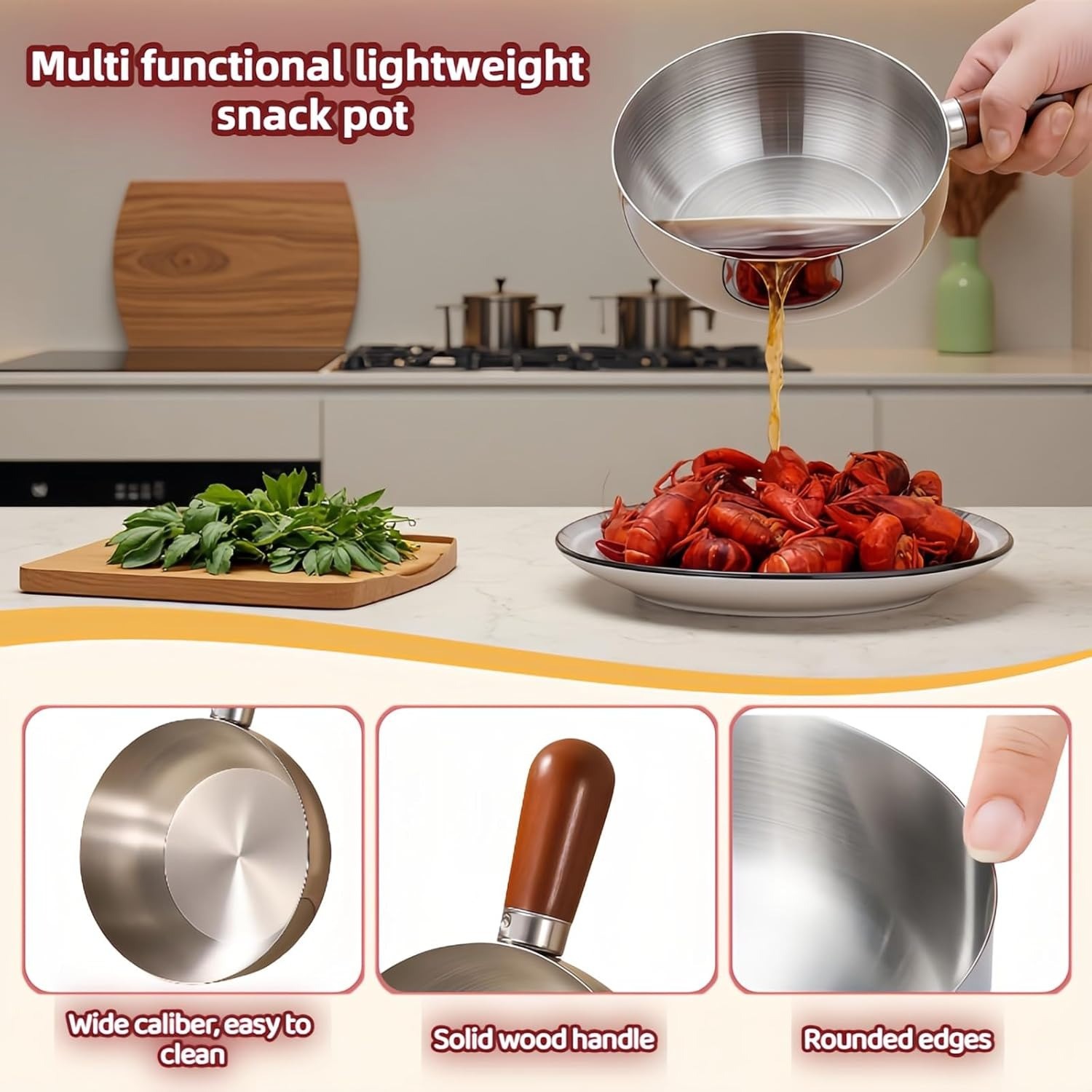 800ml/27oz 316 Stainless Steel Induction Compatible Pan, Wood Handle Saucepan