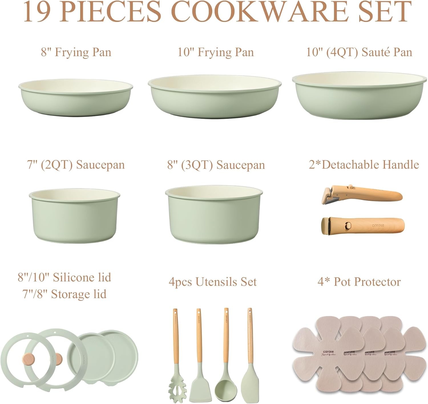 CAROTE Pots and Pans Set, Nonstick Cookware Set Detachable Handle, 19pcs Inducti