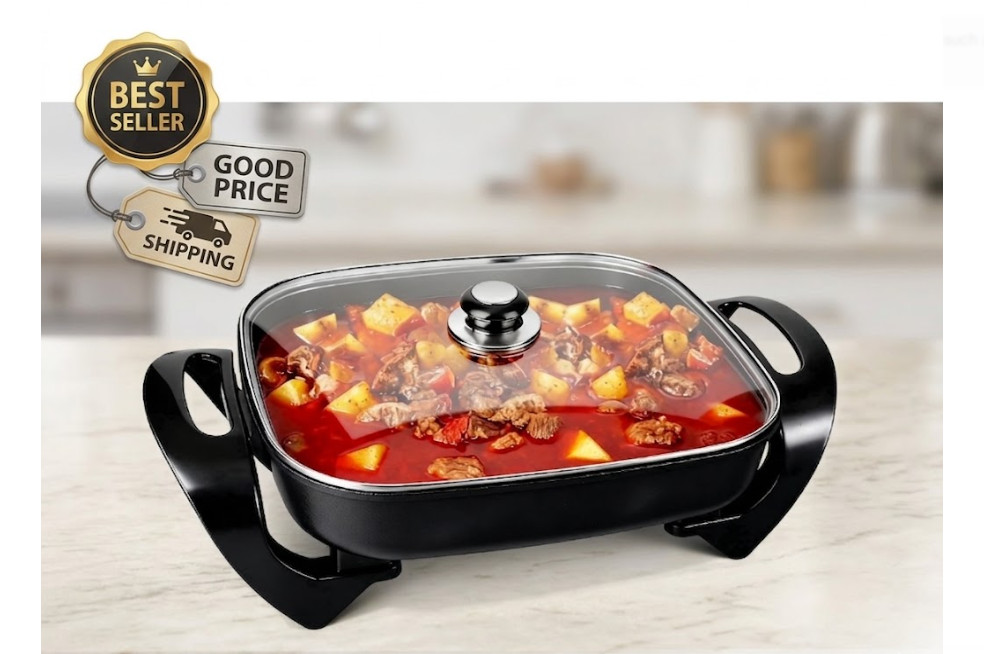 12in Cast Iron Skillet Deep Electric Frying Pan Glass Lid Adjustable Temp