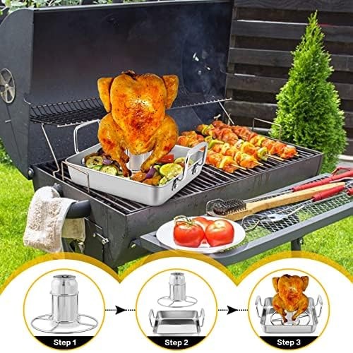 P&P CHEF Beer Can Chicken Holder with Roasting Pan Set, 9-inch Stainless Stee…