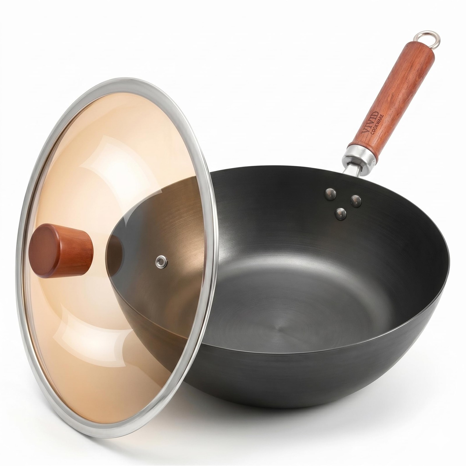 10.2 Inch Carbon Steel Wok with Tempered Glass Lid, Flat Bottom Spun Iron Sti…