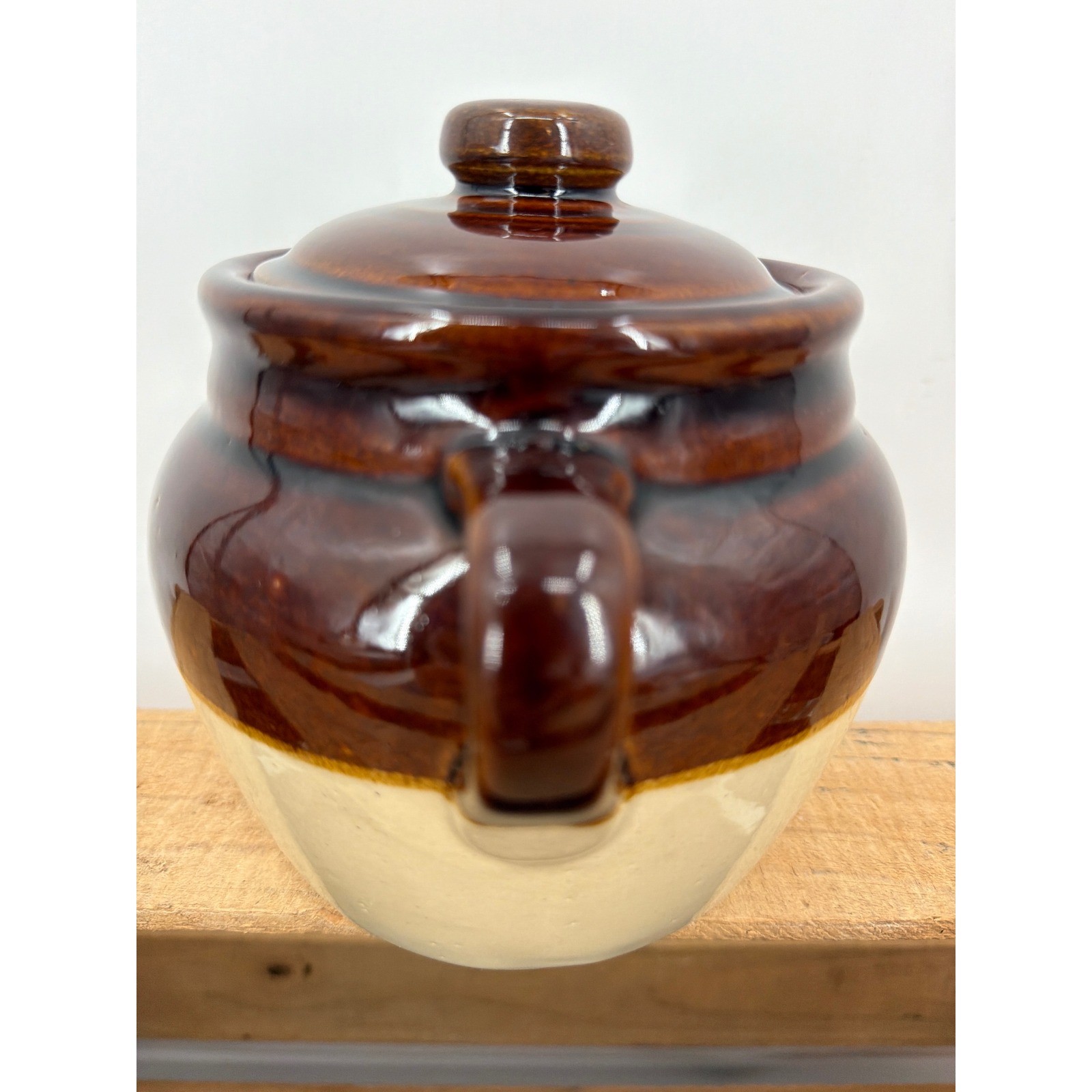Vintage Monmouth Stoneware 5″ Bean Pot with Lid Ceramic Crock Handles New