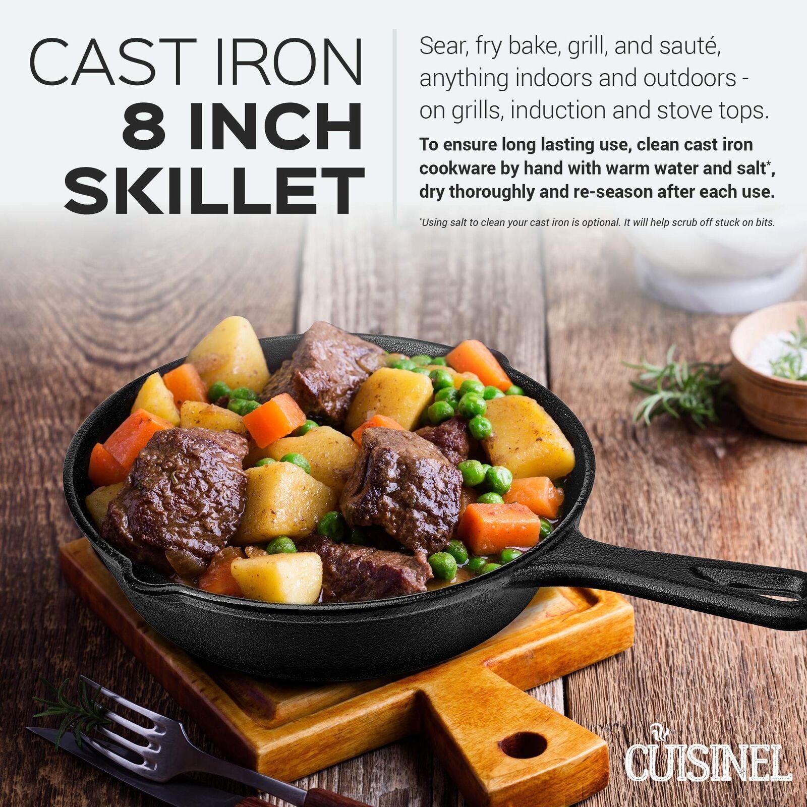 Cast Iron Skillet – 8″ Frying Pan with Pour Spouts + Silicone Handle