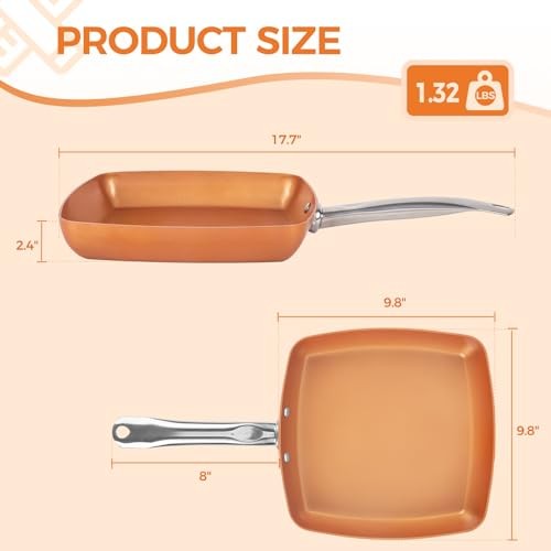 Non-Stick Copper Square Frying Pan, 9.5″ Chef Skillet with Ceramic 9.5 Inch