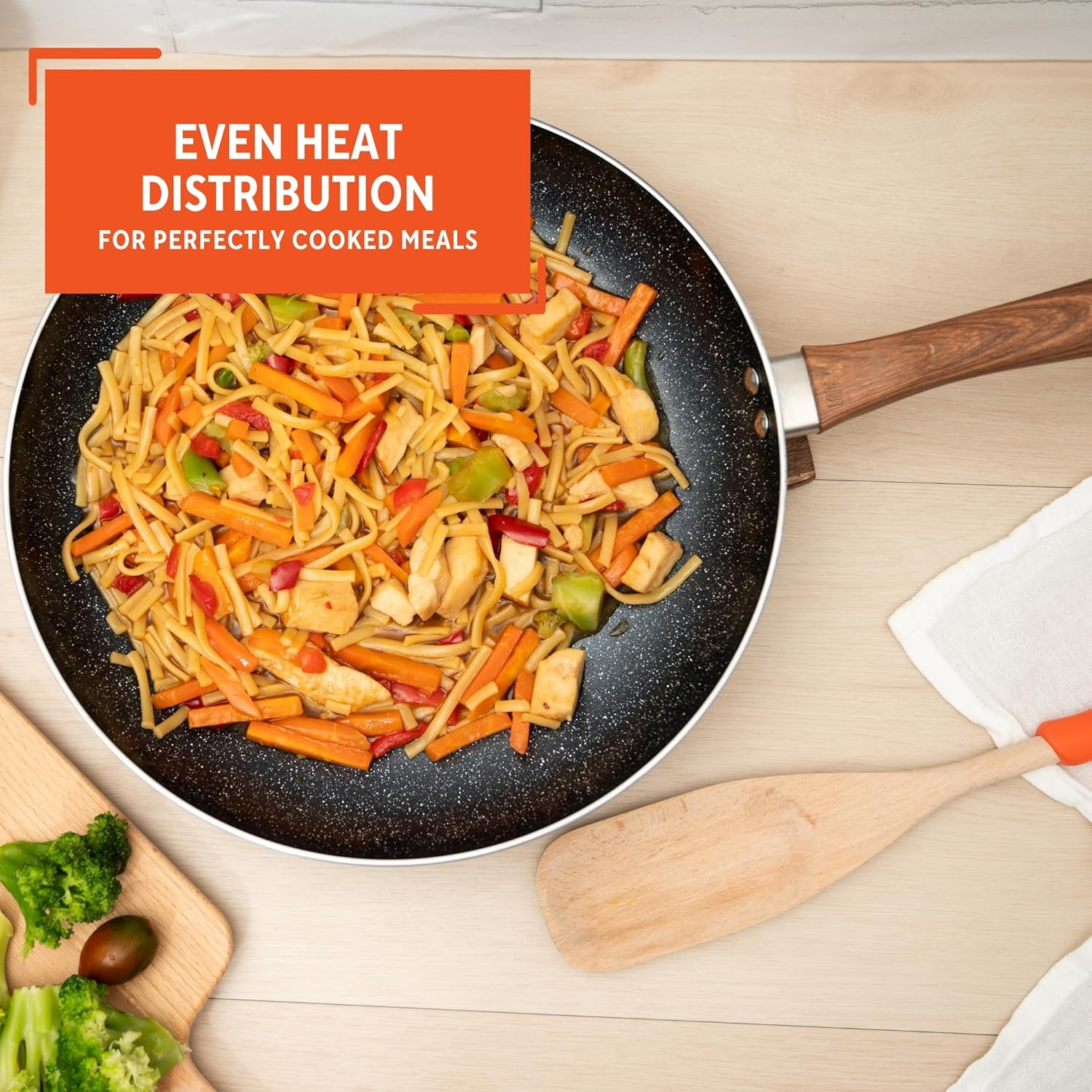 12-Inch Ceramic Nonstick Frying Pan – Black Speckled Aluminum Skillet with Wood-
