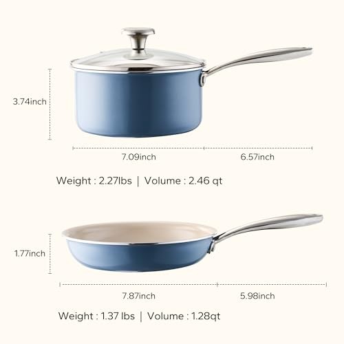 Saucepan & Frying Pan Set, 8″ Ceramic Frying pan & 2.5Qt Saucepan 3pc Set Blue