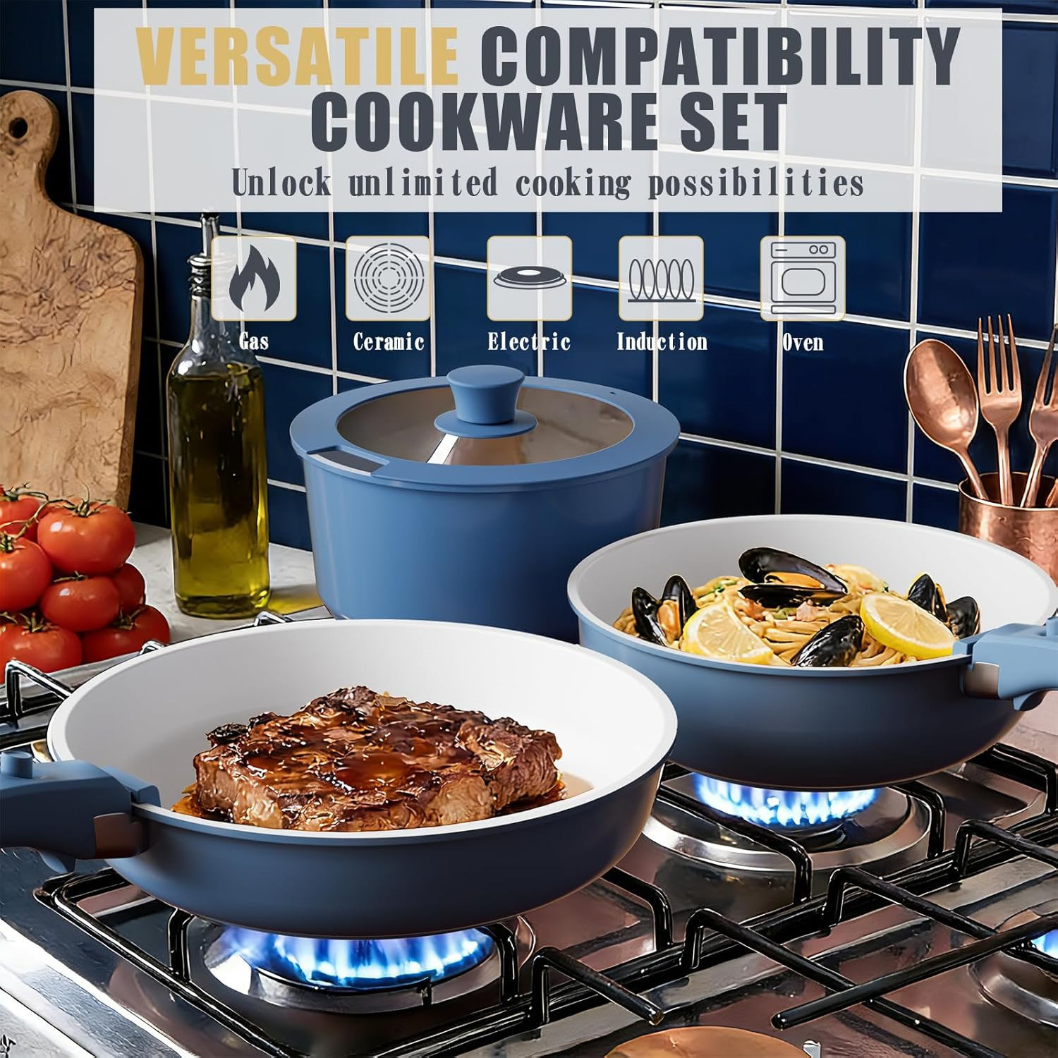 Umite Chef Pots and Pans Set Non Stick, 21 Pcs Ceramic Cookware Set with Detacha