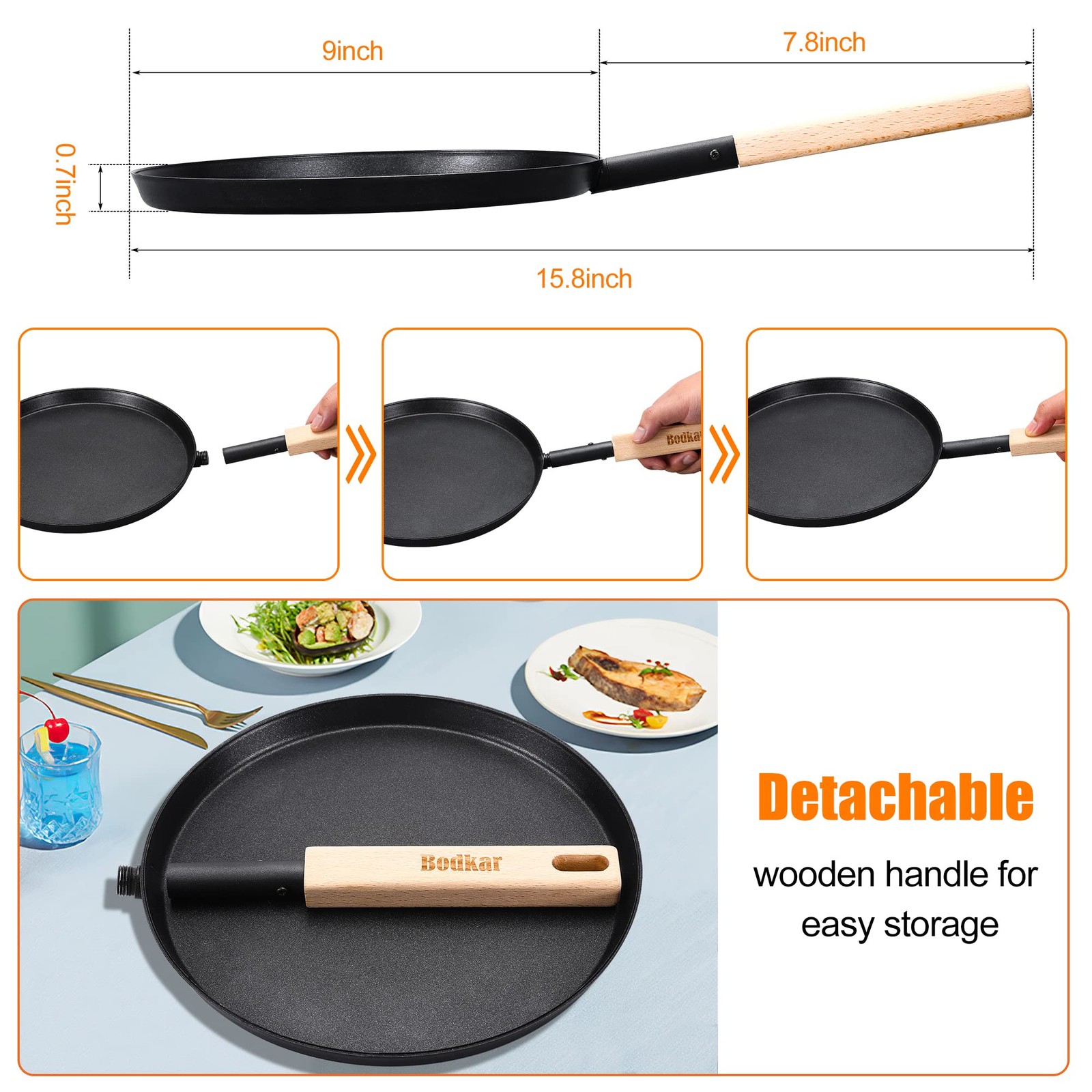 Frying Pan Skillet 8-inch Flat Griddle Pan, Lightweight Small Grill Pan with Woo