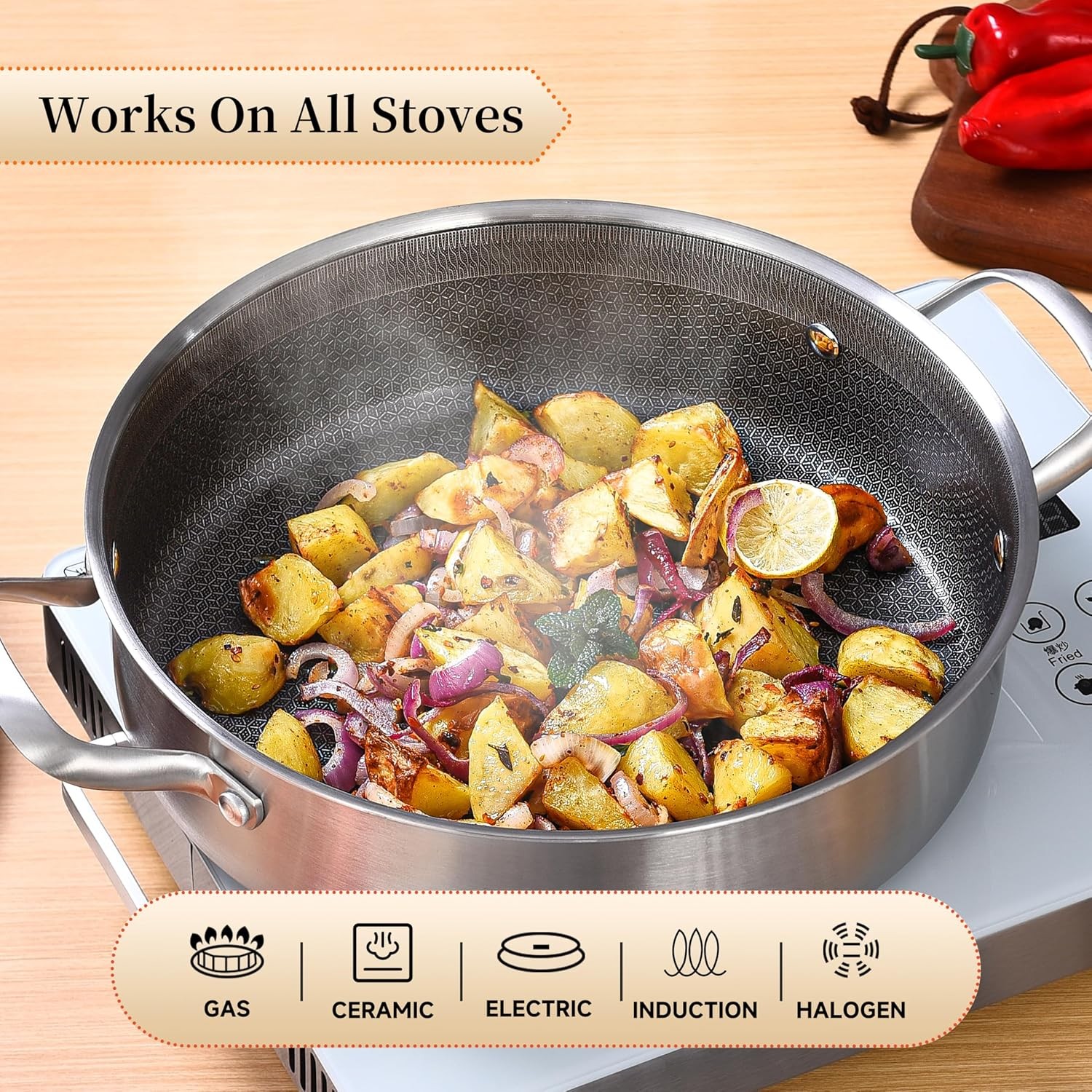 LOLYKITCH 7 QT Large Deep Frying Pan w/Lid,12″ Nonstick Triply Skillet Saute Pan