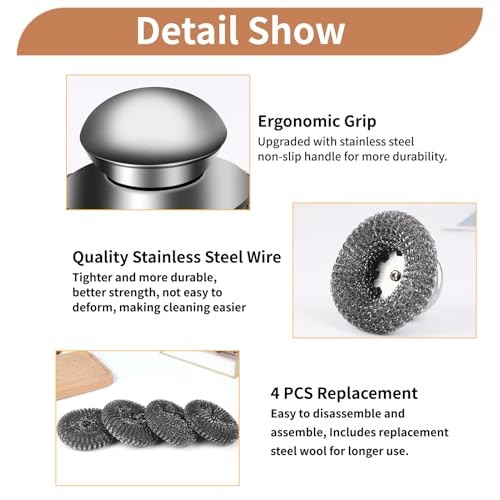 5Pcs Steel Wool Scrubber with Replacement Wire Sponge Pads Set, 1 Handle+4 Pads