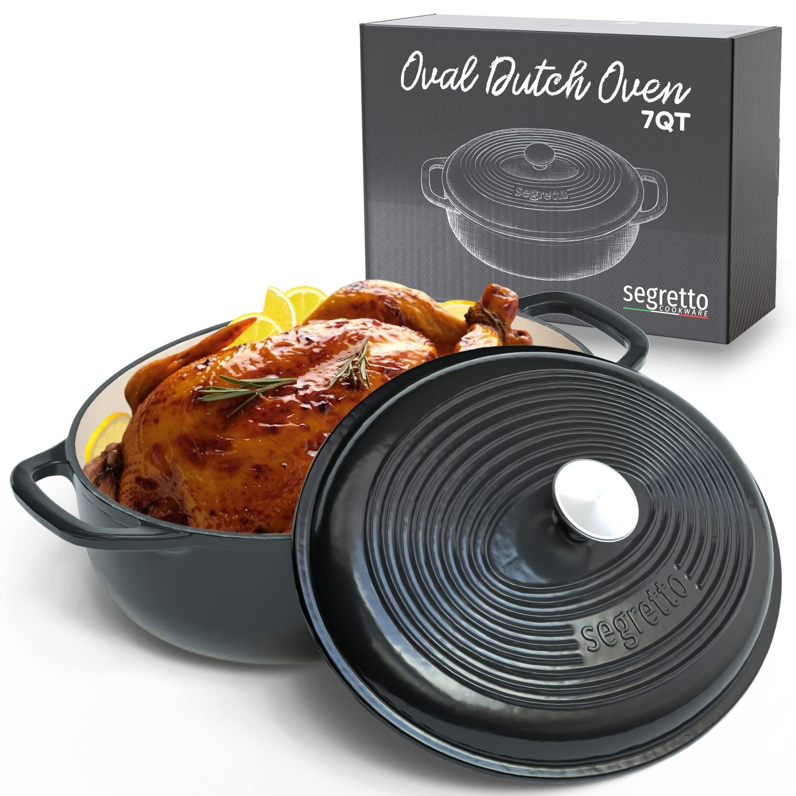 Segretto Cookware Enameled Oval Cast Iron Dutch Oven Handle 7 Quarts Nero Black
