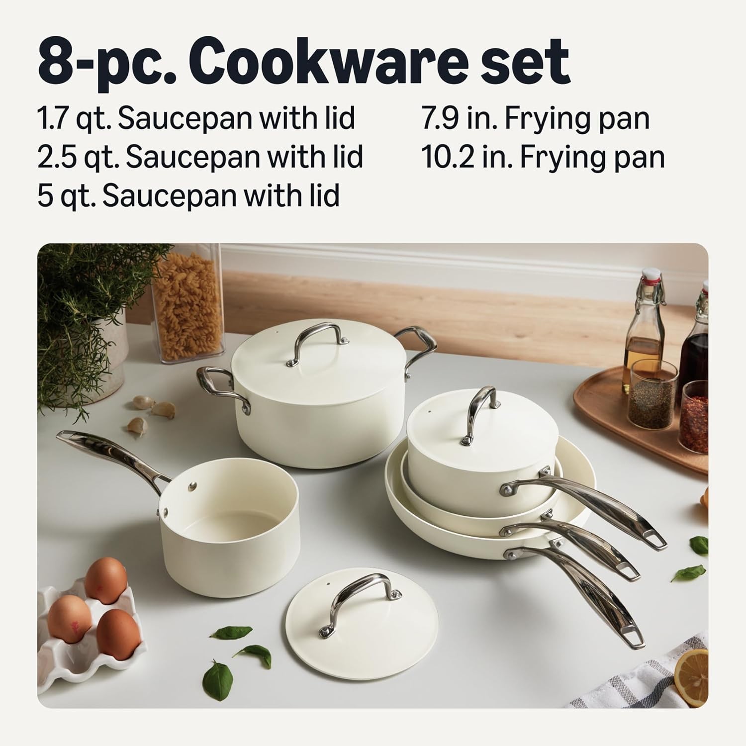 Amazon Basics Ceramic Nonstick Cookware, 8-Piece Set of Pots and Pans, Dishwashe