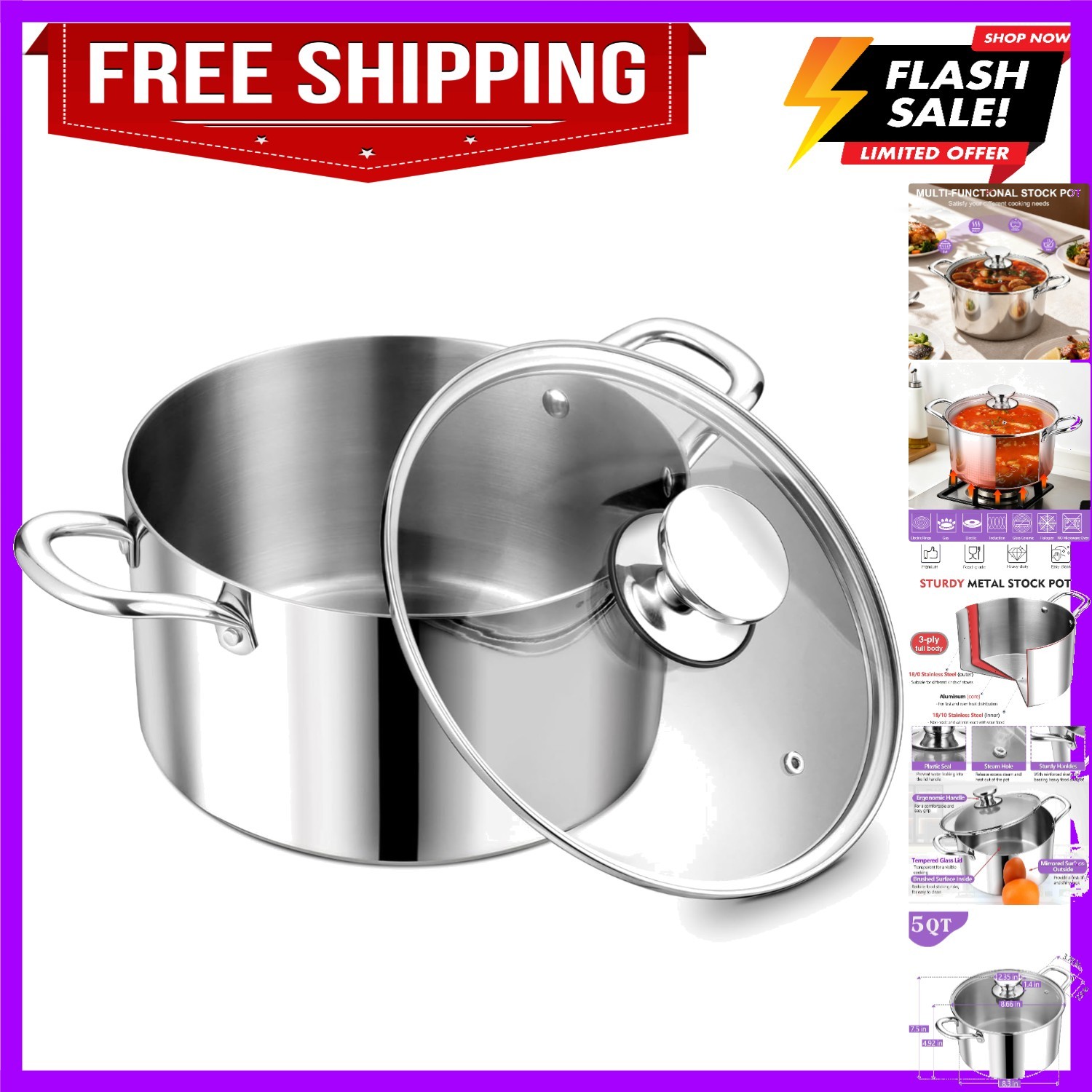 5 Quart Tri-Ply Stainless Steel Stock Pot, 5 Qt Stockpot Pasta Cooking Pot wi…